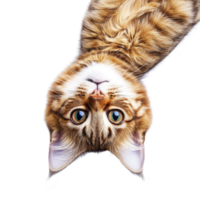 A playful tabby cat with striking green eyes is lying upside down, showcasing its fluffy fur and curious expression against plain background png