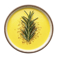 A creamy yellow soup garnished with sprig of rosemary and sprinkle of black pepper, served in rustic bowl, creating warm and inviting presentation png