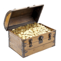 An open wooden treasure chest filled with shiny gold coins, evoking sense of adventure and discovery. chest is adorned with metal reinforcements and clasps, adding to its vintage charm png