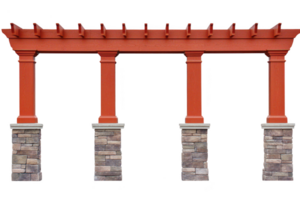 A red wooden pergola with stone pillars stands elegantly, showcasing blend of rustic and modern design. structure is ideal for outdoor spaces, providing both style and function png
