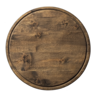 A round wooden cutting board with rustic finish, featuring natural wood grain patterns and smooth surface, ideal for kitchen use or as decorative piece png