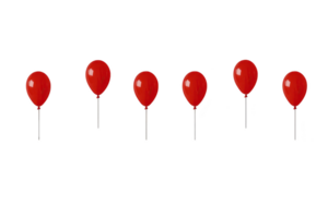 A Six vibrant red balloons are evenly spaced against plain background, creating cheerful and festive atmosphere. balloons are identical in size and shape, each with shiny surface reflecting light png