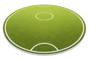 A circular green soccer field with white markings, including center circle and goal areas, is depicted. vibrant grass and clear lines create dynamic and inviting sports environment png