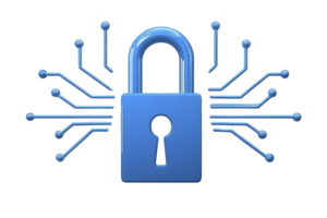 A blue padlock is surrounded by digital circuit lines, symbolizing cybersecurity and data protection. image conveys sense of security and technological advancement png