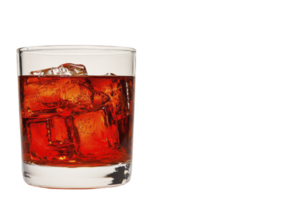 A glass filled with vibrant red beverage and ice cubes, creating refreshing and inviting appearance. drink is set against plain background, highlighting its rich color and clarity png