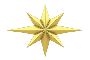 A golden eight pointed star with shiny metallic finish, symbolizing guidance and elegance, is depicted against plain background. star symmetrical design adds sense of balance and harmony png