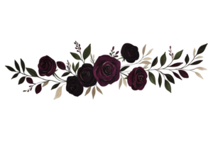A decorative floral arrangement featuring dark red and black roses with green and beige leaves, creating elegant and moody design. Perfect for invitations or decorative borders png