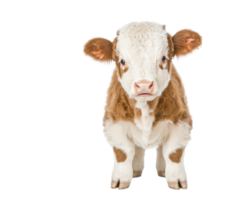 A cute, fluffy brown and white calf stands facing forward, showcasing its soft fur and curious expression. young cow is isolated on transparency background, highlighting its adorable features png