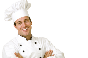 A smiling chef in white uniform and hat stands confidently with arms crossed, exuding professionalism and warmth. chef attire includes double breasted jacket and traditional toque png