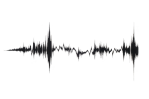 A black and white audio waveform on transparent background, representing sound waves or audio frequency. waveform is jagged and dynamic, indicating varying sound levels png
