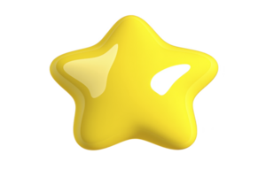 A shiny yellow star with smooth, glossy surface and rounded edges, evoking playful and cheerful vibe. star appears three dimensional and is isolated on transparency background png