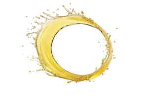 A dynamic splash of golden liquid forms perfect circle against transparency background, creating sense of motion and energy. vibrant color and fluid shape evoke feeling of vitality and freshness png