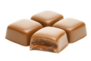 A Smooth caramel chocolates with glossy finish, one revealing gooey caramel center, evoke sense of indulgence and sweetness. Perfect for delightful treat or gift png