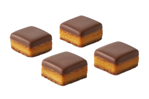 A Delicious chocolate covered caramel squares with rich, smooth texture and golden brown base, perfect for sweet treat or dessert. These bite sized delights are visually appealing png