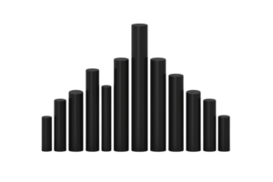 A 3D bar graph with varying heights represents data distribution, showcasing central peak and symmetrical bars on either side, illustrating bell curve png