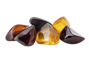 A Smooth polished stones in shades of amber and brown are arranged in cluster, showcasing their glossy surfaces and rich colors. These stones evoke sense of calm and natural beauty png