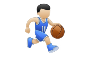 A cartoon basketball player in blue uniform dribbles basketball, showcasing dynamic movement and athleticism. character wears jersey with number 11, emphasizing sports and teamwork png
