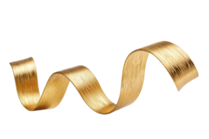 A shiny, golden ribbon elegantly curls against transparency background, showcasing its luxurious texture and vibrant color. ribbon smooth curves create sense of movement and sophistication png