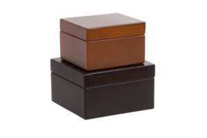 A Two elegant wooden boxes are stacked, showcasing minimalist design. top box is lighter brown, while bottom one is darker shade, both with smooth finishes png