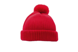 A vibrant red knitted beanie with playful pom pom on top, perfect for keeping warm in cold weather. hat cozy texture and bright color add cheerful touch to winter attire png