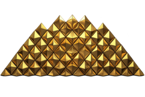 A geometric pattern of golden pyramids forms striking triangular shape, creating visually captivating and luxurious design. reflective surfaces enhance elegance and symmetry png