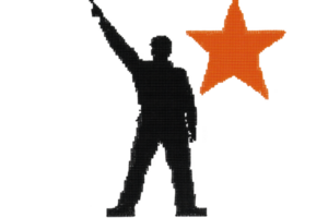 A silhouette of person pointing upwards stands next to large red star, symbolizing ambition and achievement. image conveys sense of determination and aspiration png