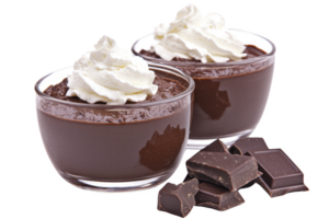 A Two glass bowls filled with rich chocolate pudding topped with whipped cream are accompanied by chunks of dark chocolate, creating tempting dessert display png