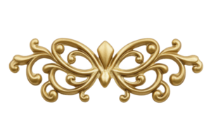 An ornate gold decorative element with intricate swirling patterns and symmetrical design, often used in classical architecture or furniture embellishments png