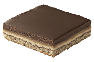 A delicious layered dessert bar featuring rich chocolate topping, creamy filling, and crumbly base, perfect for satisfying sweet cravings png