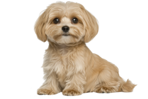 A cute, fluffy small dog with light brown coat sits attentively, showcasing its adorable features and expressive eyes. dog soft fur and gentle demeanor evoke sense of warmth and companionship png