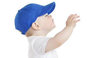 A joyful baby wearing blue cap and white shirt reaches upward, expressing excitement and curiosity. child is captured in profile against plain background, highlighting their playful gesture png