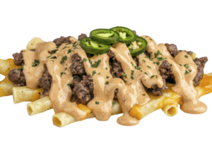 A Cheesy loaded fries topped with seasoned ground beef, creamy sauce, and sliced jalapenos create spicy and savory snack. Perfect for sharing or enjoying as hearty appetizer png
