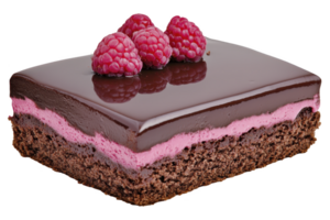 A delicious chocolate raspberry cake slice with glossy chocolate glaze, topped with fresh raspberries, sits transparency background. layers include rich chocolate base and vibrant raspberry cream png