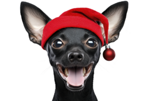 A joyful black Chihuahua wearing festive red Santa hat with small ornament, showcasing its playful and cheerful expression. dog large ears and bright eyes add to its adorable appearance png
