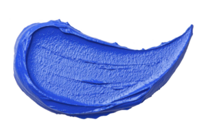 A vibrant blue paint smear with smooth texture and glossy finish, showcasing artistic creativity and color vibrancy. paint is spread in curved, dynamic shape, highlighting its rich pigment png