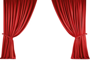 A Rich red theater curtains elegantly drape open, revealing dramatic stage setting. luxurious fabric and vibrant color create sense of anticipation and excitement for performance png