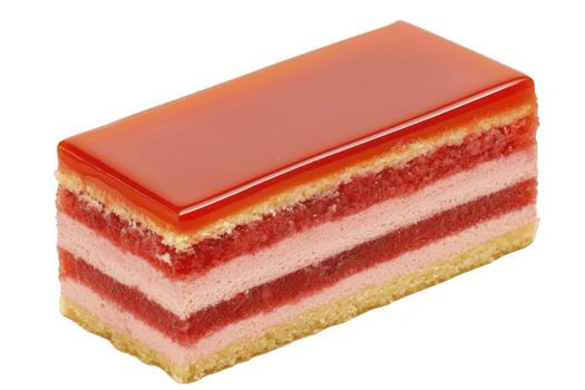 un' rettangolare stratificato torta con lucido rosso Smalto su superiore, con alternato strati di spugna torta e rosa crema, la creazione di visivamente attraente dolce png
