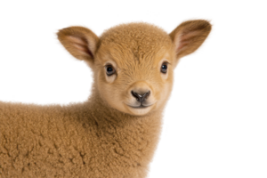A cute lamb with soft, curly wool and big, expressive eyes stands against transparency background, exuding innocence and charm. lamb ears are perked up, adding to its adorable appearance png
