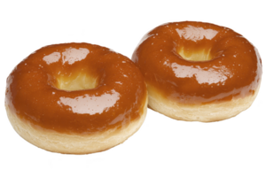A Two glossy caramel glazed donuts sit side by side, showcasing their shiny, sweet coating. soft, fluffy texture of donuts is visible, making them look irresistibly delicious png