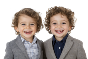 A Two young boys with curly hair are smiling joyfully, dressed in formal attire with blazers and shirts. Their cheerful expressions convey happiness and innocence, creating heartwarming scene png