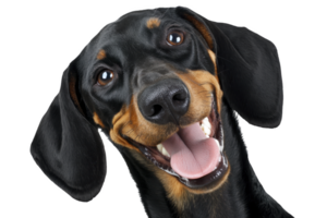 A happy black and tan dachshund with joyful expression and tongue out, showcasing its playful nature. dog shiny coat and floppy ears add to its adorable appearance png