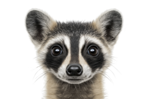 A cute raccoon with large eyes and distinctive facial markings is looking directly at viewer, creating engaging and charming expression. raccoon fur is mix of gray and black, with prominent ears png
