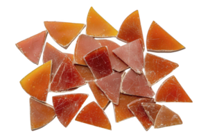 A Broken terracotta shards arranged in scattered pattern, showcasing various triangular shapes and earthy tones. texture is rough, with visible cracks and rustic appearance png
