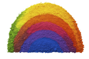 A vibrant rainbow of colorful powders arranged in arch, showcasing spectrum of hues from green to blue. texture is fine and powdery, creating visually striking display png