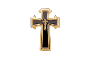 A gold and black cross pin with intricate design details, symbolizing faith and spirituality. pin features smaller cross in center, adding depth and elegance png