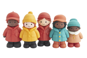 A Colorful toy figures dressed in winter clothing, including coats and hats, stand together in cheerful group. Each figure has unique color scheme, showcasing diversity and warmth png