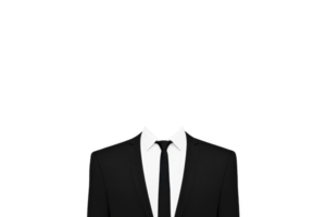 A headless figure in black suit and tie stands against plain background, creating surreal and mysterious atmosphere. absence of head adds intriguing and thought provoking element png