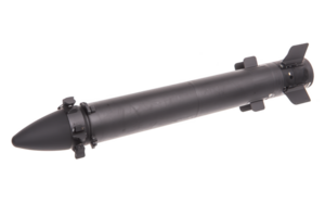 A sleek, black missile with aerodynamic fins and pointed nose cone, designed for precision and speed, isolated on transparency background png