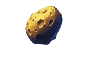 A digitally rendered asteroid with textured surface, featuring bright yellow and dark blue color scheme, floating against transparent background. design is stylized and abstract png