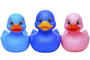A Three colorful rubber ducks, two blue and one pink, are lined up in row. Each duck has cheerful expression with wide eyes and orange beak, creating playful and vibrant scene png